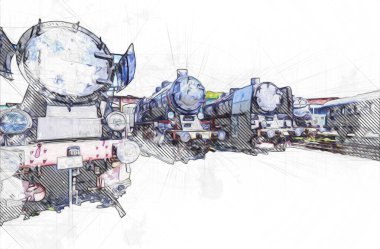 Farklı türde eski lokomotifler, tren, fotoğraf, paslı, vagon, sanat, illüstrasyon, çizim, eskiz, antika, antika, antika, antika.