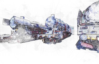 Farklı türde eski lokomotifler, tren, fotoğraf, paslı, vagon, sanat, illüstrasyon, çizim, eskiz, antika, antika, antika, antika.