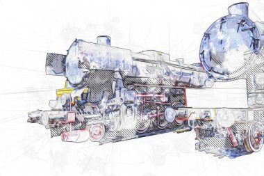 Farklı türde eski lokomotifler, tren, fotoğraf, paslı, vagon, sanat, illüstrasyon, çizim, eskiz, antika, antika, antika, antika.