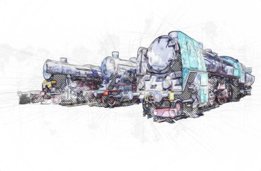 Farklı türde eski lokomotifler, tren, fotoğraf, paslı, vagon, sanat, illüstrasyon, çizim, eskiz, antika, antika, antika, antika.