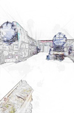 Farklı türde eski lokomotifler, tren, fotoğraf, paslı, vagon, sanat, illüstrasyon, çizim, eskiz, antika, antika, antika, antika.