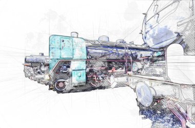 Farklı türde eski lokomotifler, tren, fotoğraf, paslı, vagon, sanat, illüstrasyon, çizim, eskiz, antika, antika, antika, antika.