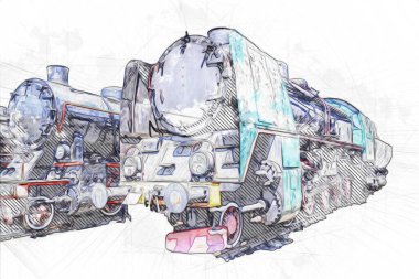 Farklı türde eski lokomotifler, tren, fotoğraf, paslı, vagon, sanat, illüstrasyon, çizim, eskiz, antika, antika, antika, antika.