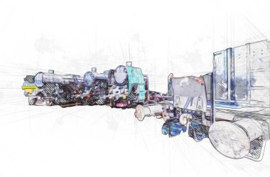 Farklı türde eski lokomotifler, tren, fotoğraf, paslı, vagon, sanat, illüstrasyon, çizim, eskiz, antika, antika, antika, antika.