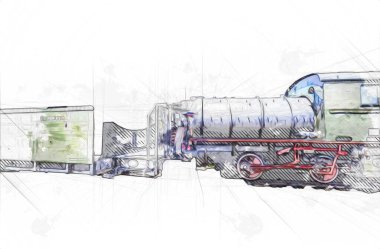 Farklı türde eski lokomotifler, tren, fotoğraf, paslı, vagon, sanat, illüstrasyon, çizim, eskiz, antika, antika, antika, antika.
