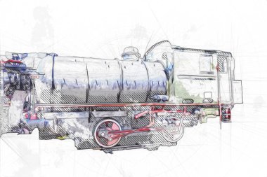 Farklı türde eski lokomotifler, tren, fotoğraf, paslı, vagon, sanat, illüstrasyon, çizim, eskiz, antika, antika, antika, antika.