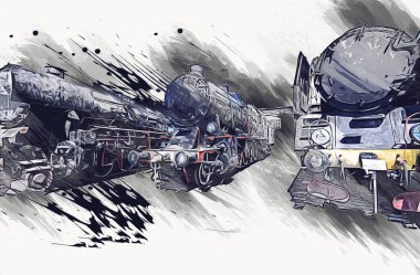 Farklı türde eski lokomotifler, tren, fotoğraf, paslı, vagon, sanat, illüstrasyon, çizim, eskiz, antika, antika, antika, antika.