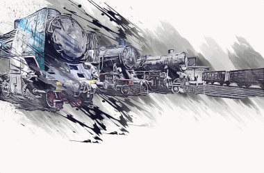 Farklı türde eski lokomotifler, tren, fotoğraf, paslı, vagon, sanat, illüstrasyon, çizim, eskiz, antika, antika, antika, antika.
