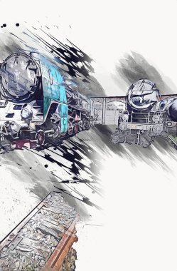 Farklı türde eski lokomotifler, tren, fotoğraf, paslı, vagon, sanat, illüstrasyon, çizim, eskiz, antika, antika, antika, antika.