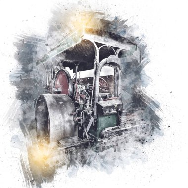Eski buhar traktörü, tren, fotoğrafçılık, paslı, wagon, art, illüstrasyon, çizim, skeç, antika, retro, vintage.