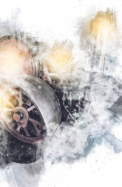 Eski buhar traktörü, tren, fotoğrafçılık, paslı, wagon, art, illüstrasyon, çizim, skeç, antika, retro, vintage.