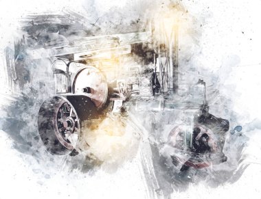 Eski buhar traktörü, tren, fotoğrafçılık, paslı, wagon, art, illüstrasyon, çizim, skeç, antika, retro, vintage.