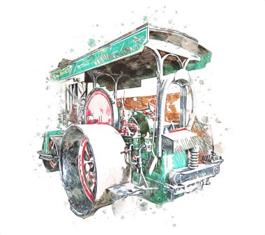 Eski buhar traktörü, tren, fotoğrafçılık, paslı, wagon, art, illüstrasyon, çizim, skeç, antika, retro, vintage.