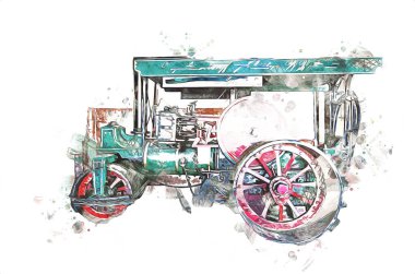 Eski buhar traktörü, tren, fotoğrafçılık, paslı, wagon, art, illüstrasyon, çizim, skeç, antika, retro, vintage.