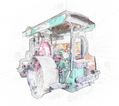 Eski buhar traktörü, tren, fotoğrafçılık, paslı, wagon, art, illüstrasyon, çizim, skeç, antika, retro, vintage.