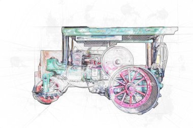 Eski buhar traktörü, tren, fotoğrafçılık, paslı, wagon, art, illüstrasyon, çizim, skeç, antika, retro, vintage.