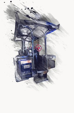 Eski buhar traktörü, tren, fotoğrafçılık, paslı, wagon, art, illüstrasyon, çizim, skeç, antika, retro, vintage.