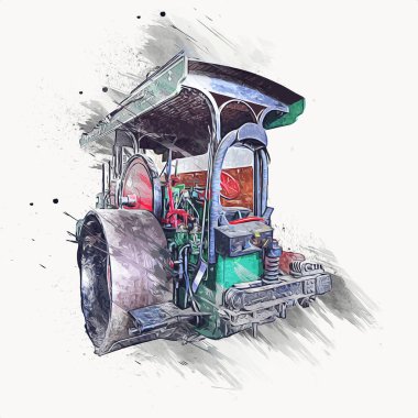 Eski buhar traktörü, tren, fotoğrafçılık, paslı, wagon, art, illüstrasyon, çizim, skeç, antika, retro, vintage.