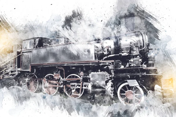 Steam Locomotive Drives Desert Art Illustration Drawing Sketch Antique Retro — Stock Photo, Image