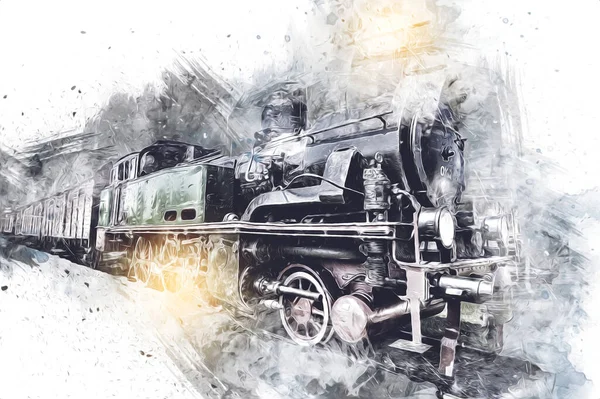 Locomotiva Vapor Atravessa Deserto Arte Ilustração Puxando Esboço Antiguidade Retro — Fotografia de Stock