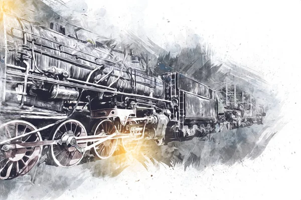 Locomotiva Vapore Guida Attraverso Deserto Arte Illustrazione Disegno Schizzo Antico — Foto Stock