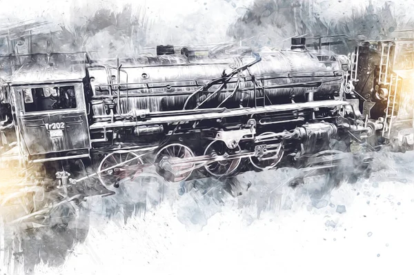Ατμομηχανή Οδηγεί Μέσα Από Την Έρημο Τέχνη Εικονογράφηση Σχέδιο Σκίτσο — Φωτογραφία Αρχείου