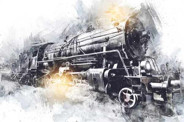 Steam locomotive drives through the desert, art, illustration, drawing, sketch, antique, retro, vintage.