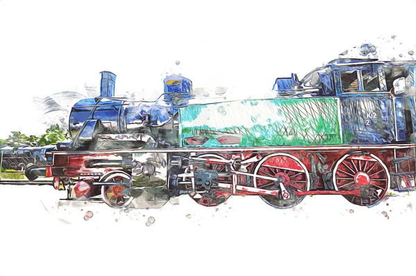 Locomotiva Vapore Guida Attraverso Deserto Arte Illustrazione Disegno Schizzo Antico — Foto Stock