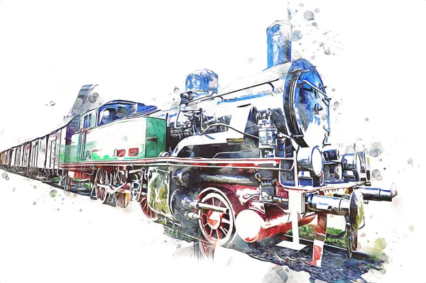 Steam Locomotive Drives Desert Art Illustration Drawing Sketch Antique Retro — Stock Photo, Image