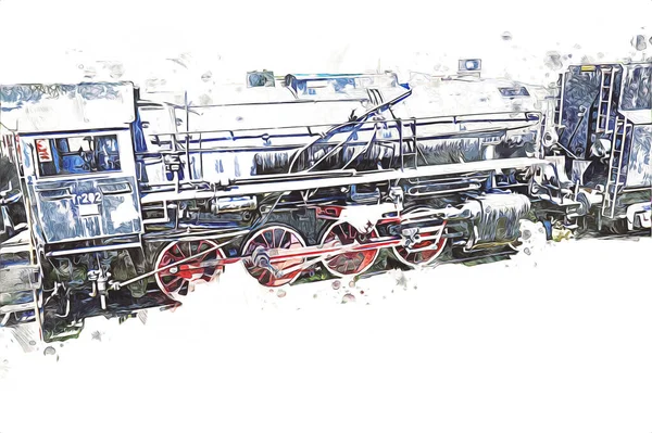 Parní Lokomotiva Projíždí Pouští Uměním Ilustrací Kresbou Náčrtem Starožitností Retro — Stock fotografie