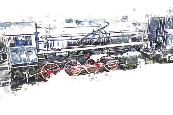 Steam Locomotive Drives Desert Art Illustration Drawing Sketch Antique Retro — Stock Photo, Image