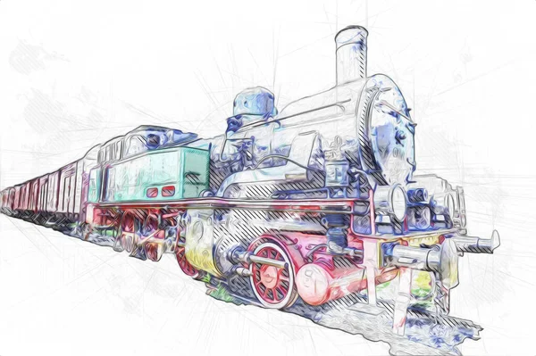 Stoomlocomotief Rijdt Door Woestijn Kunst Illustratie Tekening Schets Antiek Retro — Stockfoto