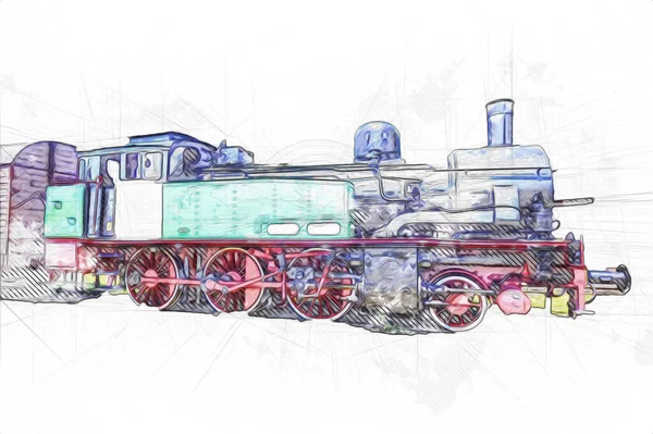 Locomotora Vapor Conduce Través Del Desierto Arte Ilustración Dibujo Boceto —  Fotos de Stock