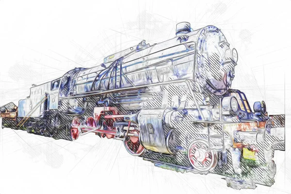 Locomotiva Vapor Atravessa Deserto Arte Ilustração Puxando Esboço Antiguidade Retro — Fotografia de Stock