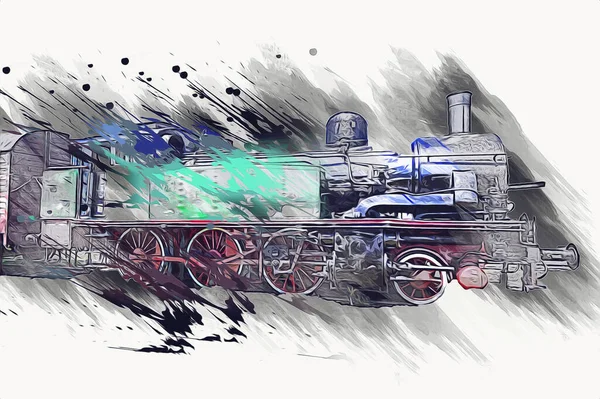 Locomotives Vapeur Travers Désert Art Illustration Dessin Croquis Antique Rétro — Photo