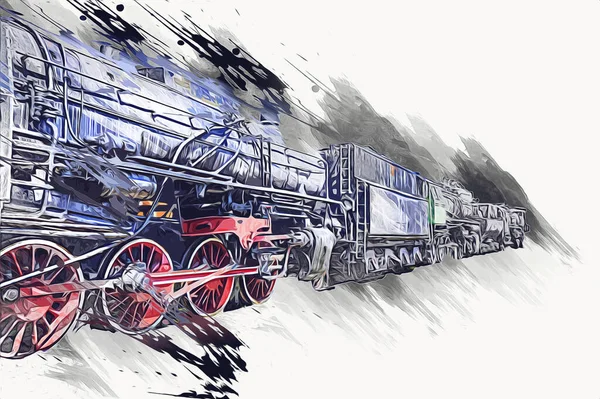 Locomotiva Vapore Guida Attraverso Deserto Arte Illustrazione Disegno Schizzo Antico — Foto Stock