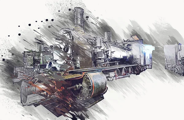 Locomotiva Vapor Atravessa Deserto Arte Ilustração Puxando Esboço Antiguidade Retro — Fotografia de Stock