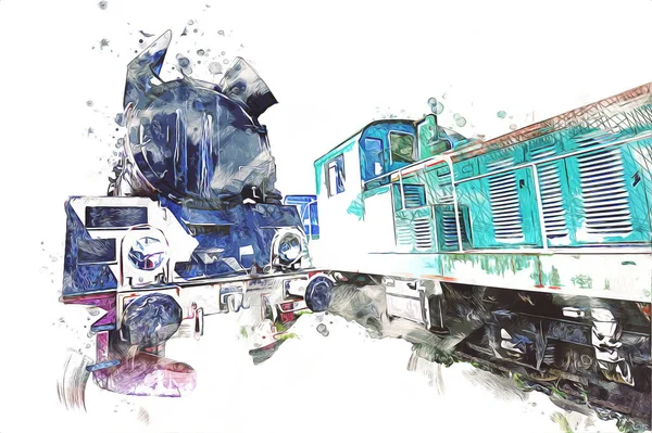 Locomotive Vapeur Avec Manivelles Roues Art Illustration Dessin Croquis Antique — Photo