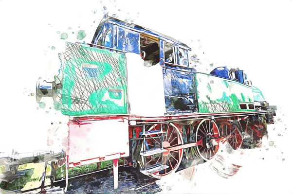 Eski dar ölçü demiryolu motoru, sanat, illüstrasyon, çizim, eskiz, antika, antika, antika.