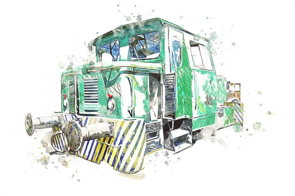 Старий Вузькоколійний Залізничний Двигун Мистецтво Ілюстрація Креслення Ескіз Антикваріат Ретро — стокове фото