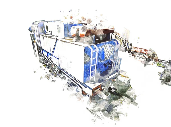 Eski dar ölçü demiryolu motoru, sanat, illüstrasyon, çizim, eskiz, antika, antika, antika.