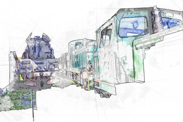 Eski dar ölçü demiryolu motoru, sanat, illüstrasyon, çizim, eskiz, antika, antika, antika.