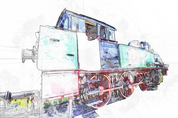 Eski dar ölçü demiryolu motoru, sanat, illüstrasyon, çizim, eskiz, antika, antika, antika.