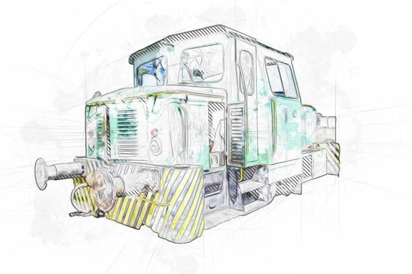 Antiguo Motor Ferroviario Vía Estrecha Arte Ilustración Dibujo Boceto Antiguo — Foto de Stock