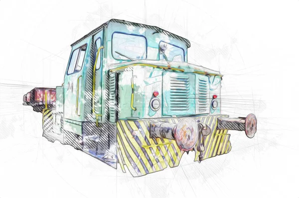 Eski dar ölçü demiryolu motoru, sanat, illüstrasyon, çizim, eskiz, antika, antika, antika.