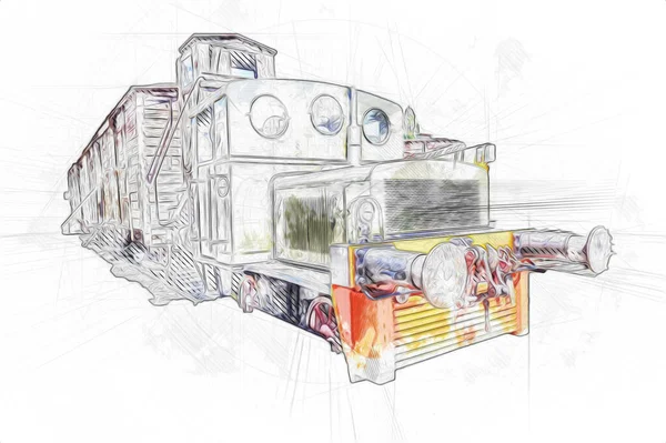 Antiguo Motor Ferroviario Vía Estrecha Arte Ilustración Dibujo Boceto Antiguo — Foto de Stock