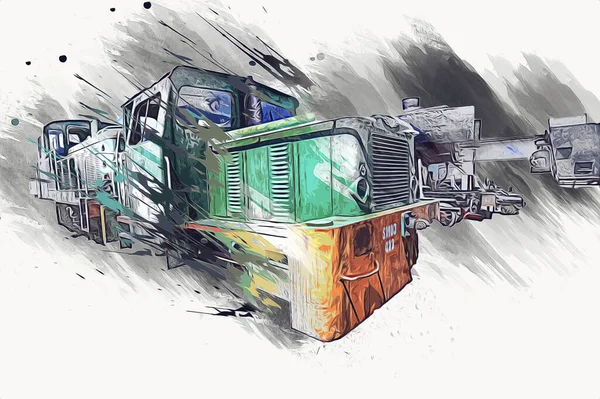 Eski dar ölçü demiryolu motoru, sanat, illüstrasyon, çizim, eskiz, antika, antika, antika.