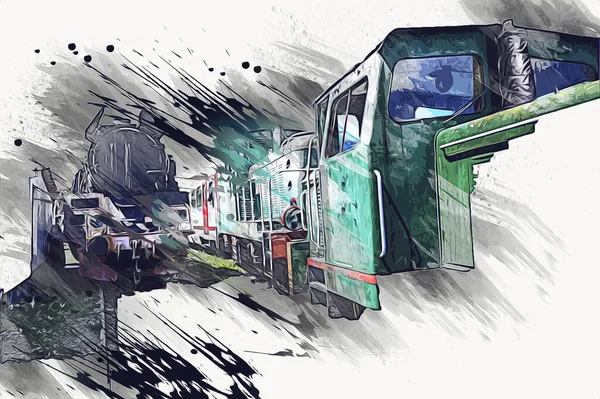 Eski dar ölçü demiryolu motoru, sanat, illüstrasyon, çizim, eskiz, antika, antika, antika.