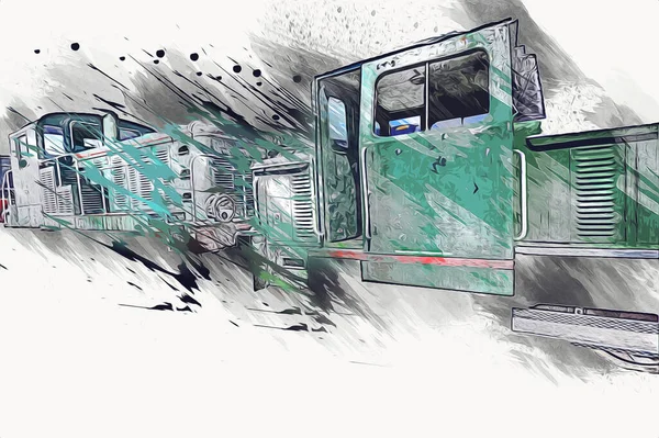 Eski dar ölçü demiryolu motoru, sanat, illüstrasyon, çizim, eskiz, antika, antika, antika.