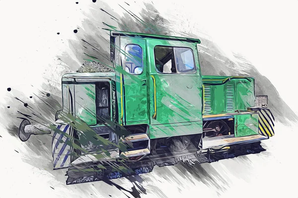 Eski dar ölçü demiryolu motoru, sanat, illüstrasyon, çizim, eskiz, antika, antika, antika.
